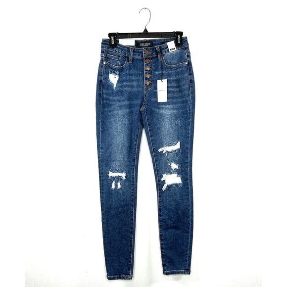 NWT Judy Blue Womens Jeans Blue Skinny Fit Mid Rise Jeans Size 5/27 Distressed - Picture 1 of 9